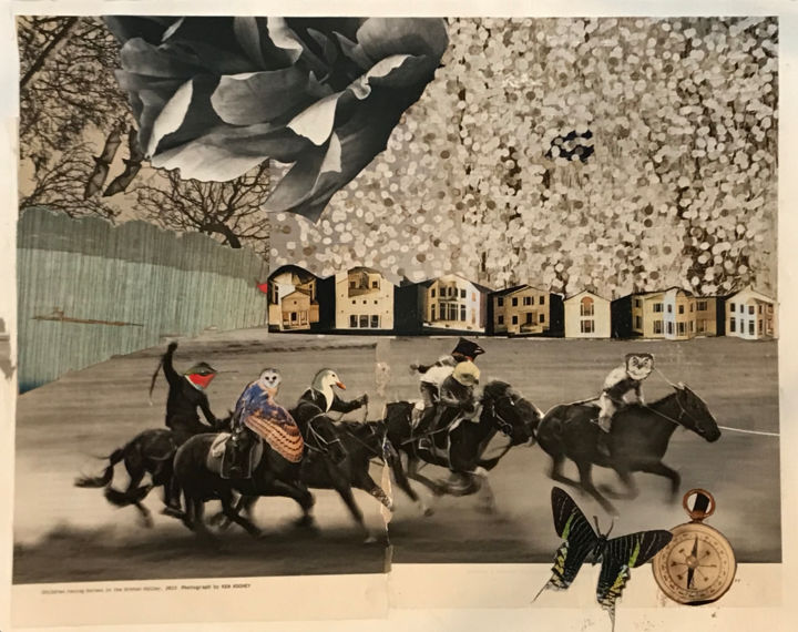 Collages intitulée "Bird Children Playi…" par Debra Rogers, Œuvre d'art originale, Collages Monté sur Autre panneau rigide