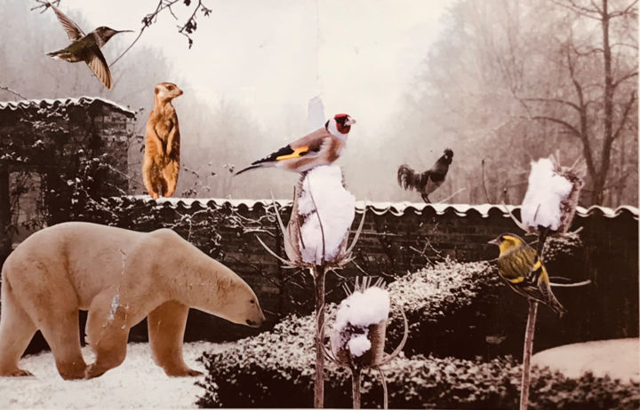 「Polar Farm」というタイトルのコラージュ Debra Rogersによって, オリジナルのアートワーク, コラージュ その他の剛性パネルにマウント
