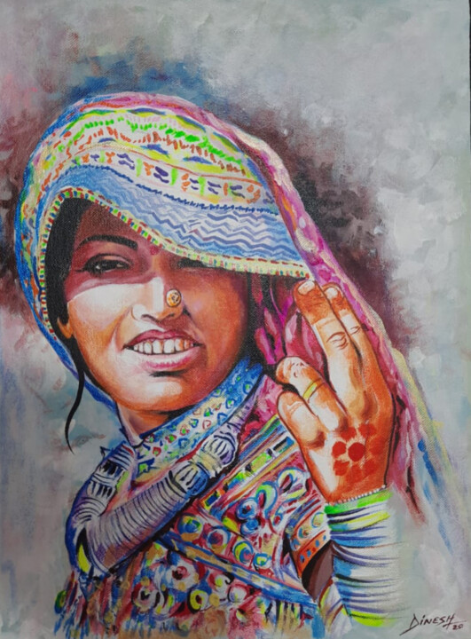 Painting titled "indian woman painti…" by Decora Art Manish Vaishnav, Original Artwork, Acrylic