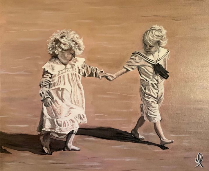 Peinture intitulée "Enfants sur la plag…" par Aline Morancho, Œuvre d'art originale, Huile