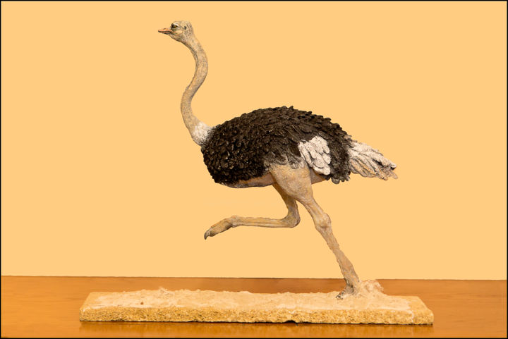 Γλυπτική με τίτλο "Autruche au galop" από Christian Duvette Sculpteur Animalier, Αυθεντικά έργα τέχνης, Ρητίνη