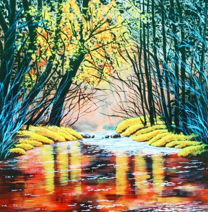 Peinture intitulée "Autumn Forest" par Sudarshan Goswami Sonu, Œuvre d'art originale, Acrylique