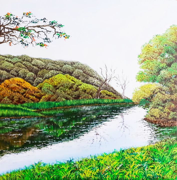 Peinture intitulée "A hill-forest" par Sudarshan Goswami Sonu, Œuvre d'art originale, Acrylique