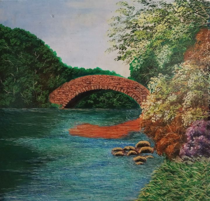 Peinture intitulée "An old bridge" par Sudarshan Goswami Sonu, Œuvre d'art originale, Acrylique