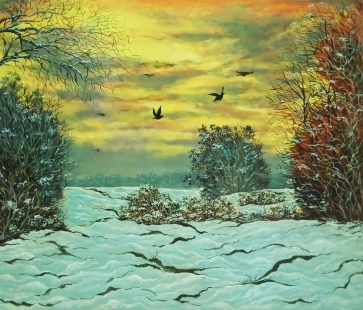 Peinture intitulée "Winter Sunset" par Sudarshan Goswami Sonu, Œuvre d'art originale, Acrylique