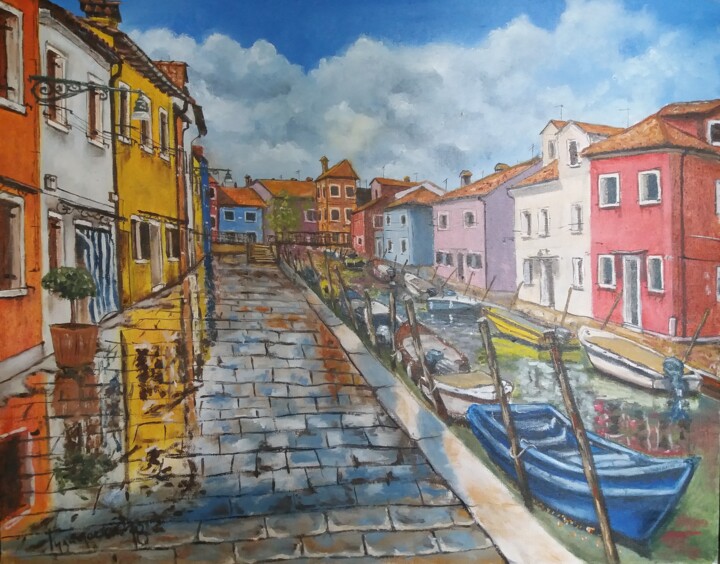 Painting titled "via giudecca" by Dejan Gulicoski, Original Artwork, Oil Mounted on Wood Stretcher frame