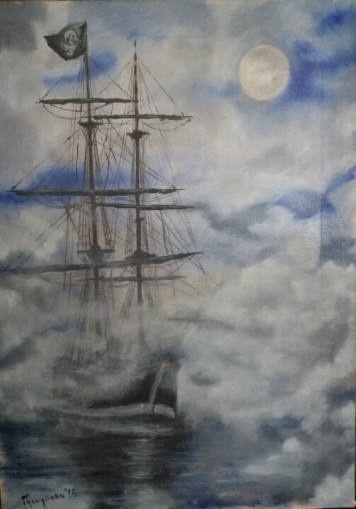 「moon」というタイトルの絵画 Dejan Gulicoskiによって, オリジナルのアートワーク, オイル ウッドストレッチャーフレームにマウント
