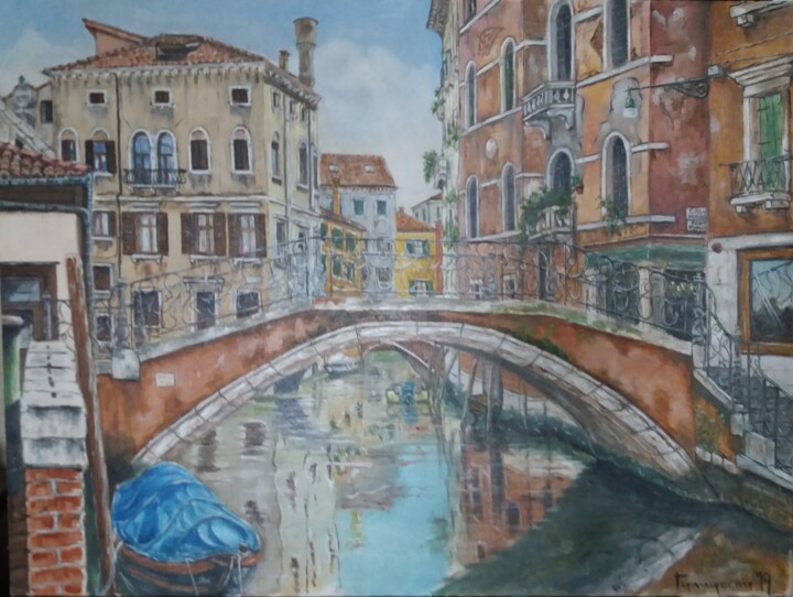 「ponte del mondo novo」というタイトルの絵画 Dejan Gulicoskiによって, オリジナルのアートワーク, オイル ウッドストレッチャーフレームにマウント