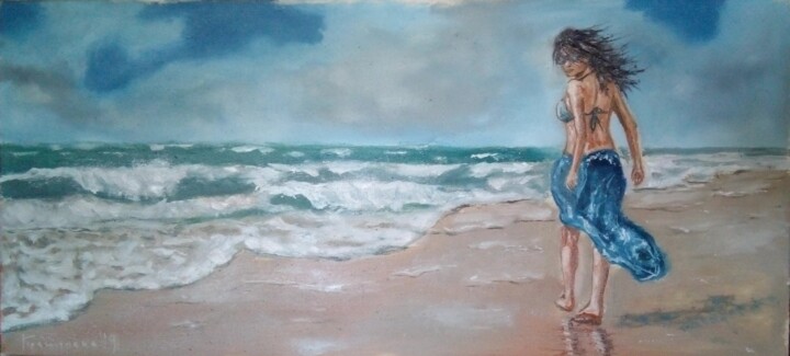 Painting titled "on the beach" by Dejan Gulicoski, Original Artwork, Oil
