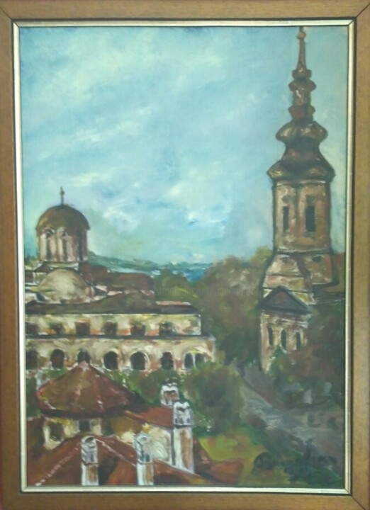 Painting titled "Belgrade 1994." by Dejan Gulicoski, Original Artwork, Oil Mounted on Wood Stretcher frame