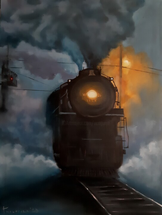 Painting titled "runaway train" by Dejan Gulicoski, Original Artwork, Oil Mounted on Wood Stretcher frame