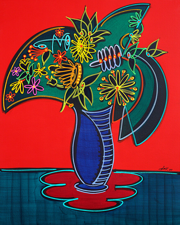 Pintura intitulada "vase on red backgro…" por Dek, Obras de arte originais, Acrílico Montado em Cartão