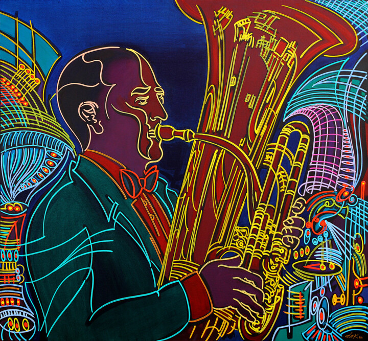 Painting titled "the tuba player" by Dek, Original Artwork, Acrylic