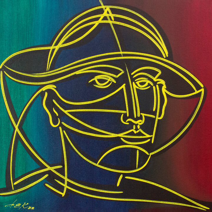 Painting titled "yellow face with hat" by Dek, Original Artwork, Acrylic Mounted on Wood Stretcher frame