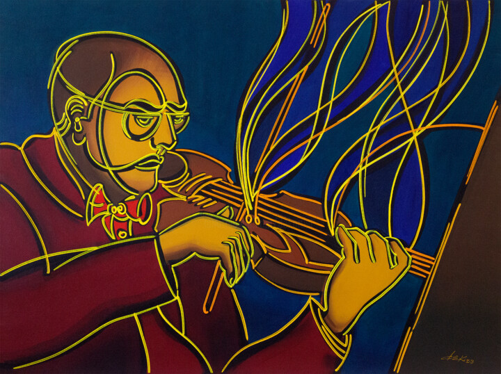 绘画 标题为“O Violinista Amarelo” 由Dek, 原创艺术品, 丙烯 安装在木质担架架上