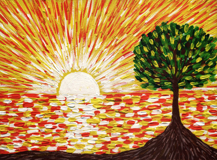 Painting titled "Sunrise and the Tre…" by Dmytro Rybin, Original Artwork