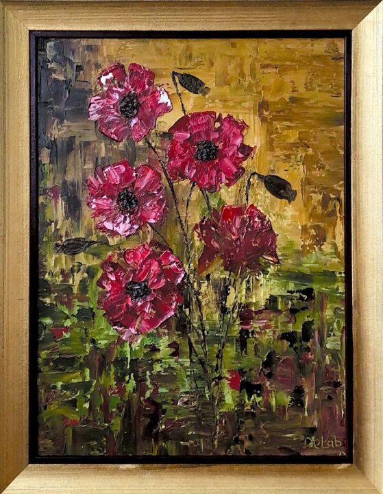 Painting titled "Field poppies" by Elena Dobkin, Original Artwork, Oil Mounted on Wood Stretcher frame