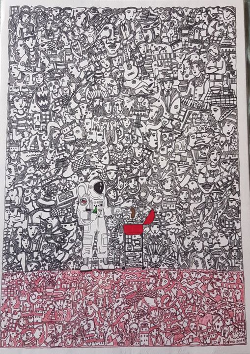 Dessin intitulée "Barbecue in Mars" par Juan Del Balso, Œuvre d'art originale, Encre