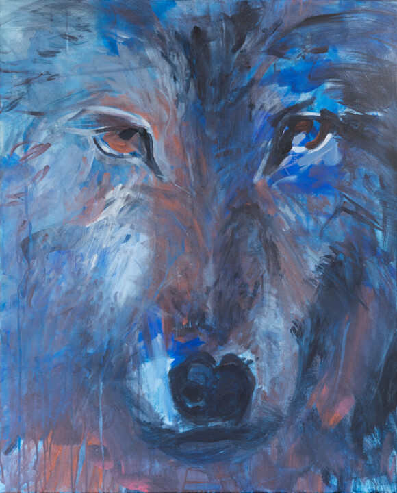 Painting titled "Blue Wolf" by Delfina Petkow, Original Artwork, Acrylic