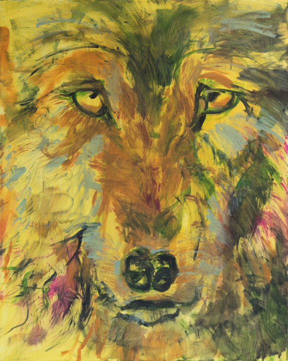 Malerei mit dem Titel "Yellow wolf" von Delfina Petkow, Original-Kunstwerk, Acryl
