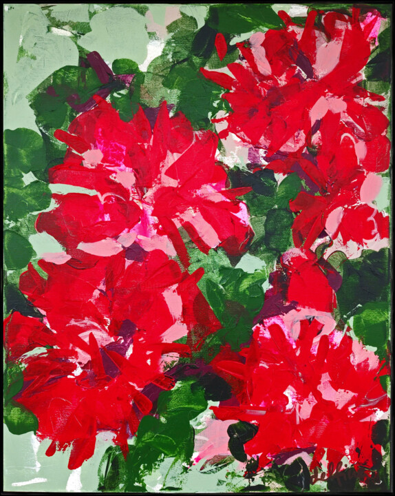Painting titled "Red Flowers I" by Delfina Petkow, Original Artwork, Acrylic