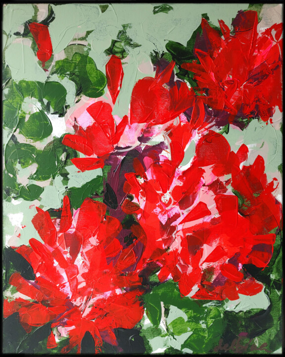 Painting titled "Red Flowers II" by Delfina Petkow, Original Artwork, Acrylic