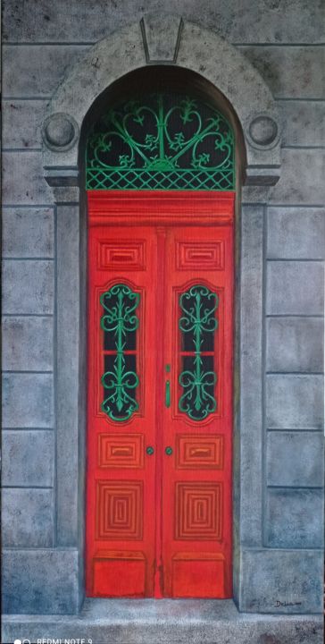 Painting titled "PUERTA ROJA" by Delia Maria Delgado Garcia, Original Artwork, Oil