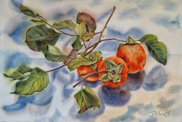 Painting titled "Persimmons season" by Delnara El, Original Artwork, Watercolor