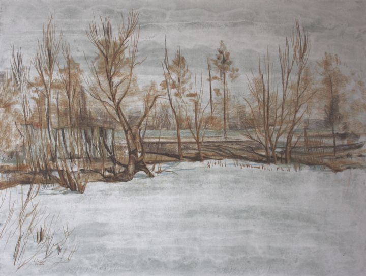 Drawing titled "Замерзший пруд." by Aleksei Zaletov, Original Artwork, Pastel
