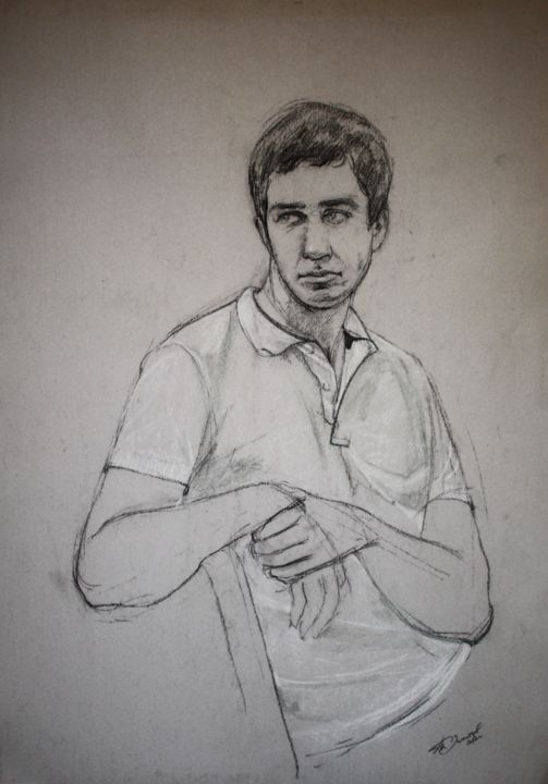 Рисунок под названием "Портрет парня в бел…" - Алексей Залетов, Подлинное произведение искусства, Древесный уголь
