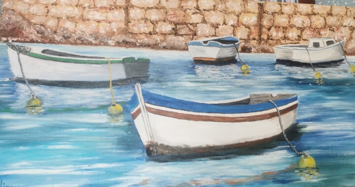 Painting titled "Les barques" by Marie Hélène, Original Artwork, Oil Mounted on Wood Stretcher frame