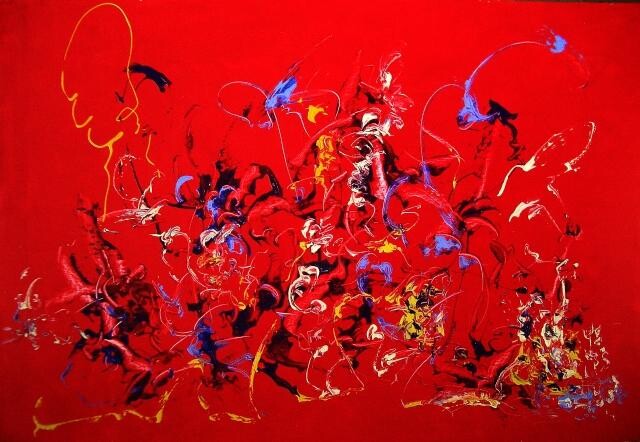 Peinture intitulée "rouge ange bleu" par Delphine Bernard, Œuvre d'art originale, Huile