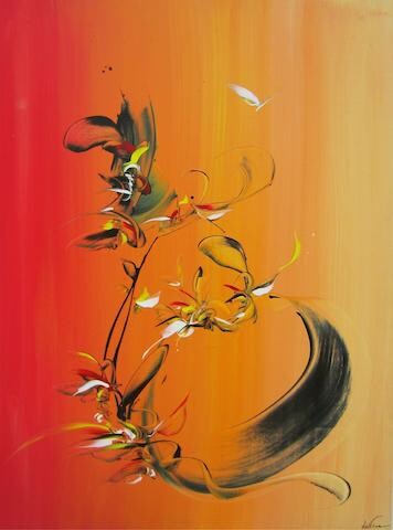 Painting titled "Red Orchid" by Delphine Bernard, Original Artwork, Acrylic