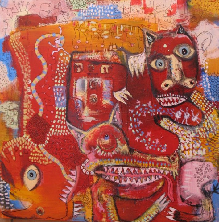 Peinture intitulée "les-monstres-autour…" par Delphine Cadoré, Œuvre d'art originale