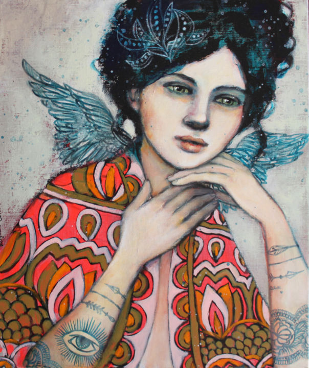Peinture intitulée "" L'ange protecteur…" par Delphine Cossais, Œuvre d'art originale, Huile
