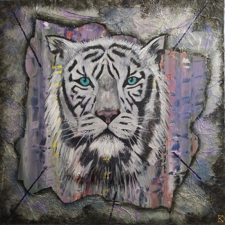 Painting titled "Tigre du Bengale" by Delphine Kammerlocher, Original Art, Acrylic Mounted on Stretcher frame