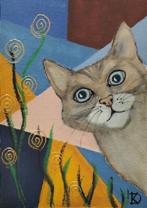 Malerei mit dem Titel "Le chat et l'eau" von Delphine Kammerlocher, Original-Kunstwerk, Acryl