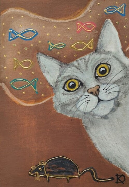 Painting titled "Le chat et la souris" by Delphine Kammerlocher, Original Artwork, Acrylic