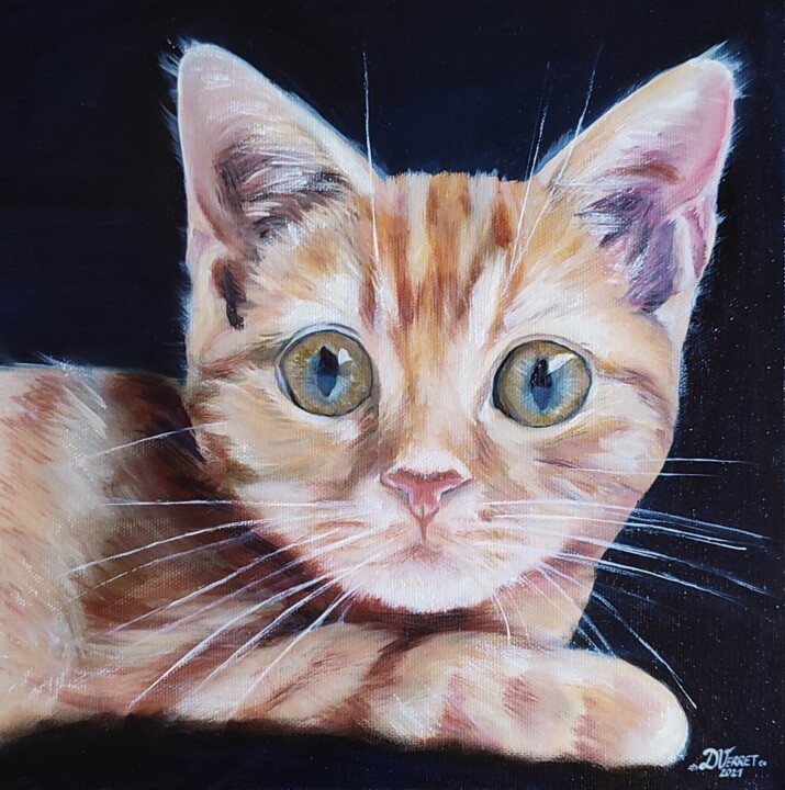 Painting titled "Chaton roux" by Delphine Verret, Original Artwork, Oil Mounted on Wood Stretcher frame