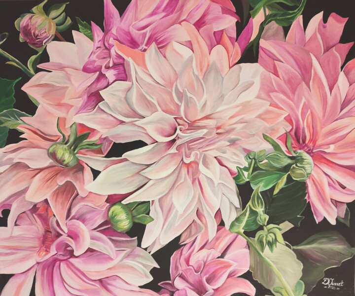 Painting titled "Mes dahlias" by Delphine Verret, Original Artwork, Oil Mounted on Wood Stretcher frame