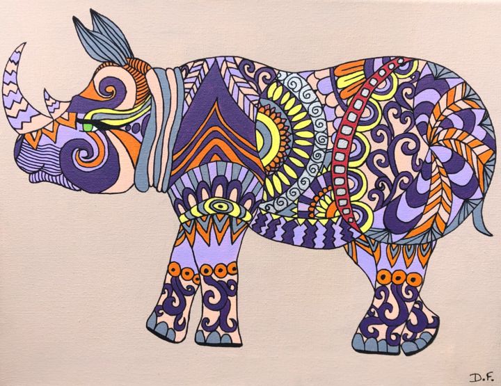 Painting titled "Rhinocéros" by Delphine Francois, Original Artwork, Acrylic