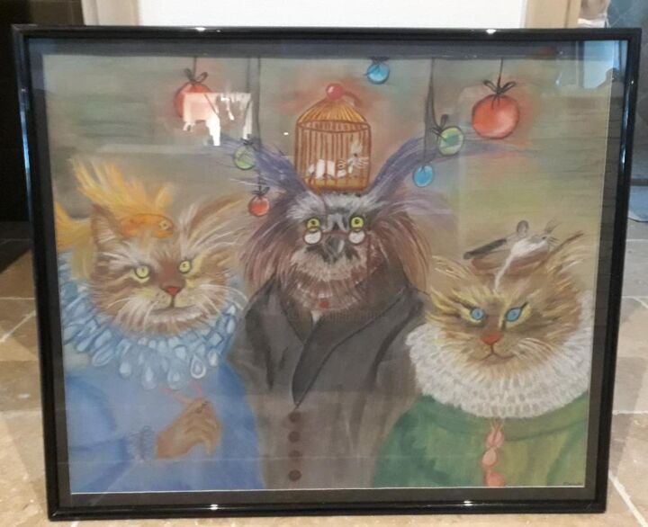 Drawing titled "La famille chat" by Delphine Grezes, Original Artwork, Pastel Mounted on Wood Stretcher frame