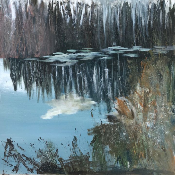 Painting titled "Misty lake" by Delphine Laurent, Original Artwork, Acrylic