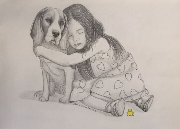 Drawing titled "Beagle d’amour" by Manuel Monteiro, Original Artwork, Pencil