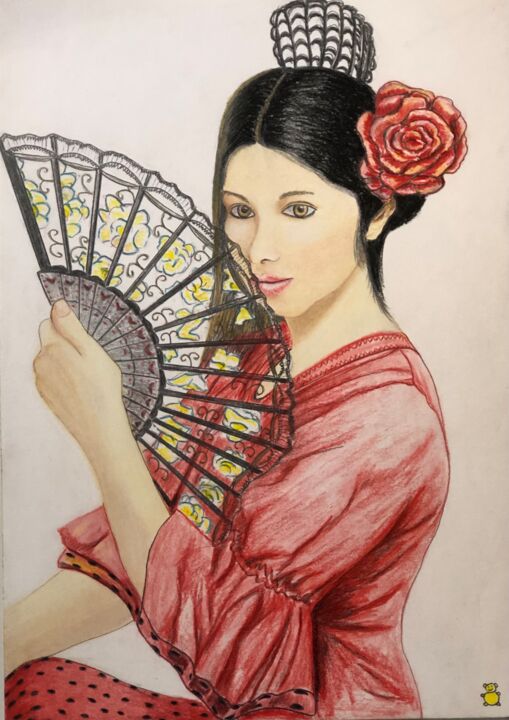 Drawing titled "Danseuse Flamenco" by Manuel Monteiro, Original Artwork, Pastel