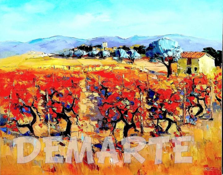 Painting titled "VIGNES ROUGES" by Alain Demarte, Original Artwork, Oil