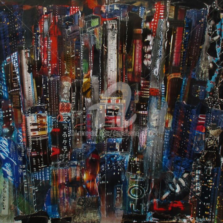 Collages intitulée "R-460  De nuit" par Patrick Demelenne, Œuvre d'art originale, Encre