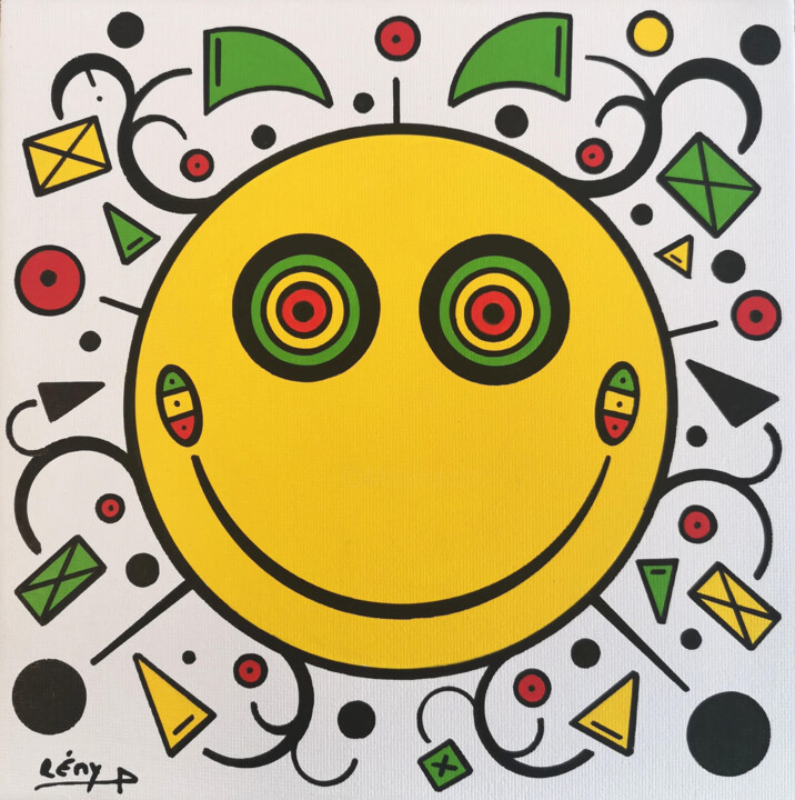 Schilderij getiteld "Smiley rasta" door Rémy Demestre, Origineel Kunstwerk, Acryl Gemonteerd op Karton