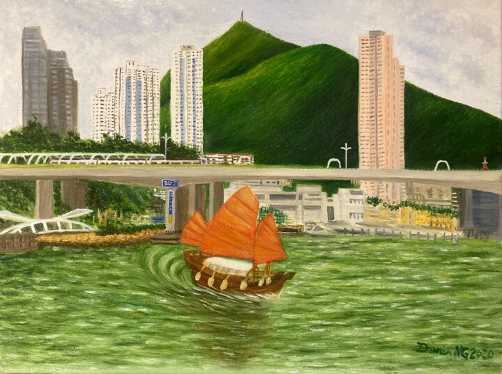 Картина под названием "駛過香港仔的帆船 Sailing bo…" - Demi Ng, Подлинное произведение искусства, Масло