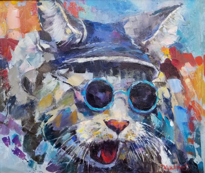 Malerei mit dem Titel "cat in sunglasses" von Vladimir Demidovich, Original-Kunstwerk, Öl